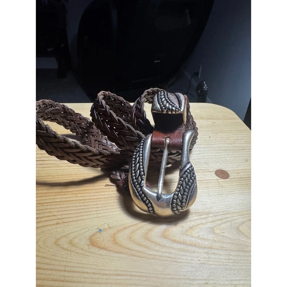 Argentina Vtg women's Belt Silver tone Engraved Buckle Boho Braided Leather  34